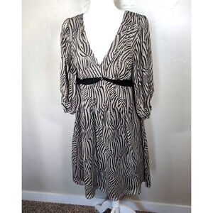 Ted Baker Silk SIZE 4 Black White ZEBRA STRIPED Midi Party Dress 3/4 Sleeve